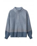 Two-Tone Sequin Chunky Knit Zip Up Cardigan in Dusty Blue