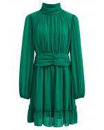Mock Neck Ruched Waist Airy Chiffon Dress in Green