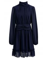 Mock Neck Ruched Waist Airy Chiffon Dress in Navy