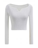 Notched Neckline Ribbed Knit Crop Top in White