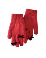 Bowknot Decor Fingerhole Knit Gloves in Red