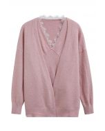 Lacy V-Neck Sleeveless Top and Cardigan Set in Pink