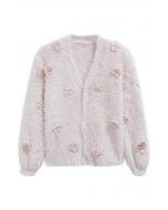 Stitch Flowers Embellished Fuzzy Knit Cardigan in Light Pink