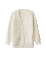Button Front Pointelle Knit Cardigan in Cream