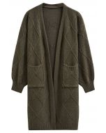 Ribbed Diamond Open Front Longline Cardigan in Moss Green