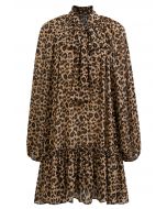 Leopard Print Self-Tie Neckline Chiffon Mini Dress