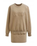 Paris Letter Knit Sweater and Skirt Set in Camel