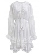 Tiered Ruffle Lace Trim Lantern Sleeves Asymmetric Midi Dress