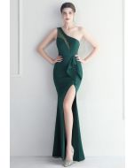One-Shoulder Mesh Panel Ruffle Split Gown in Emerald
