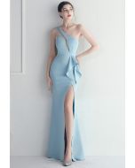 One-Shoulder Mesh Panel Ruffle Split Gown in Baby Blue