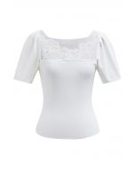 Lace Spliced Square Neckline Knit Top in White