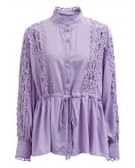 Cutwork Crochet Trim Button Down Peplum Top in Lilac