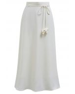 Glam Tie-Waist Midi Skirt in Ivory