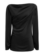 Asymmetric Ruched Satin Long Sleeve Top in Black