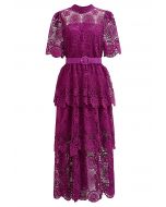Cutwork Lace Belted Tiered Maxi Dress in Magenta
