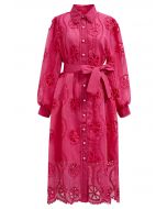 Cutwork Crochet Button Down Midi Dress in Hot Pink