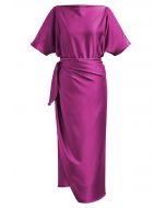 Satin Short-Sleeve Wrapped Waist Maxi Dress in Magenta