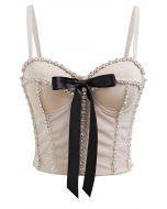 Bowknot Rhinestone Embellished Bustier Crop Top in Apricot