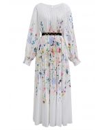 Blossoming Day Watercolor Pleated Maxi Dress in White
