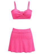 Three-Piece Wavy Texture Twist Bikini Set in Hot Pink