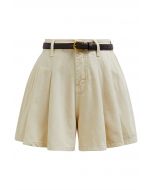 Summer Staple Pleated Belt Denim Shorts in Light Yellow