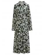 V-Neck Collared Floral Printed Belted Maxi Dress