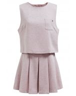 Chic Tweed Sleeveless Top and Pleated Mini Skirt Set in Pink