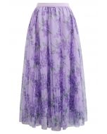 Shimmer Floral Mesh Tulle Midi Skirt in Purple