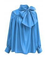 Charming Bowknot Puff Sleeve Sheer Shirt in Blue