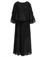 Plisse Bell Sleeves Chiffon Top and Pants Set in Black