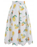 Lemon Printed Eyelet Embroidered Scallop Edge Pleated Skirt