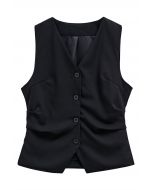 V-Neck Buttoned Down Ruched Vest in Black