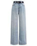 Light Blue Straight-Leg Belted Jeans 