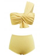 One-Shoulder Knotted Texture Bikini Set in Yellow