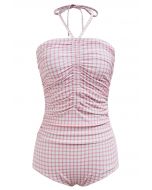 Gingham Drawstring Halter Neck Swimsuit in Pink