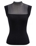 Cutout Mesh Mock Neck Metallic Knit Top in Black