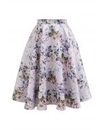 Bright Floral Printed Flare Midi Skirt in Light Pink