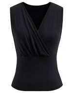 Faux-Wrap Sleeveless Cotton Top in Black