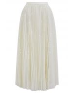 Glister Sequin Trim Mesh Tulle Maxi Skirt in Cream