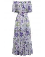 Purple Floral Printed Off-Shoulder Chiffon Dress