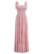 Fluttering Tie-Shoulder Shirred Maxi Dress in Pink