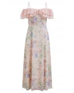 Floral Printed Eyelet Embroidered Flounced Cold-Shoulder Dress