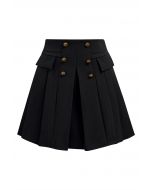 Double-Breasted Pleated Preppy Mini Skorts in Black