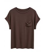 Pocket Trim Rolled Cuff T-Shirt in Brown