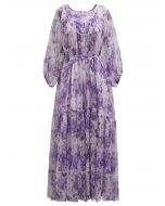 Gauzy Floral Print Bubble Sleeve Dolly Dress in Purple