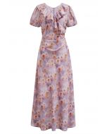 Rose Printed Ruffle Trim Maxi Dress in Lilac