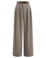 Faux Leather Belt Straight-Leg Pants in Sand