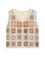 Floral Patchwork Crochet Buttoned Knit Vest