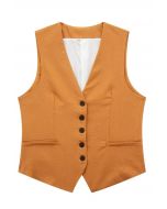 V-Neck Buttoned Down Linen-Blend Vest in Pumpkin