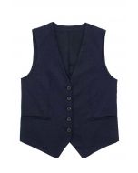 V-Neck Buttoned Down Linen-Blend Vest in Navy